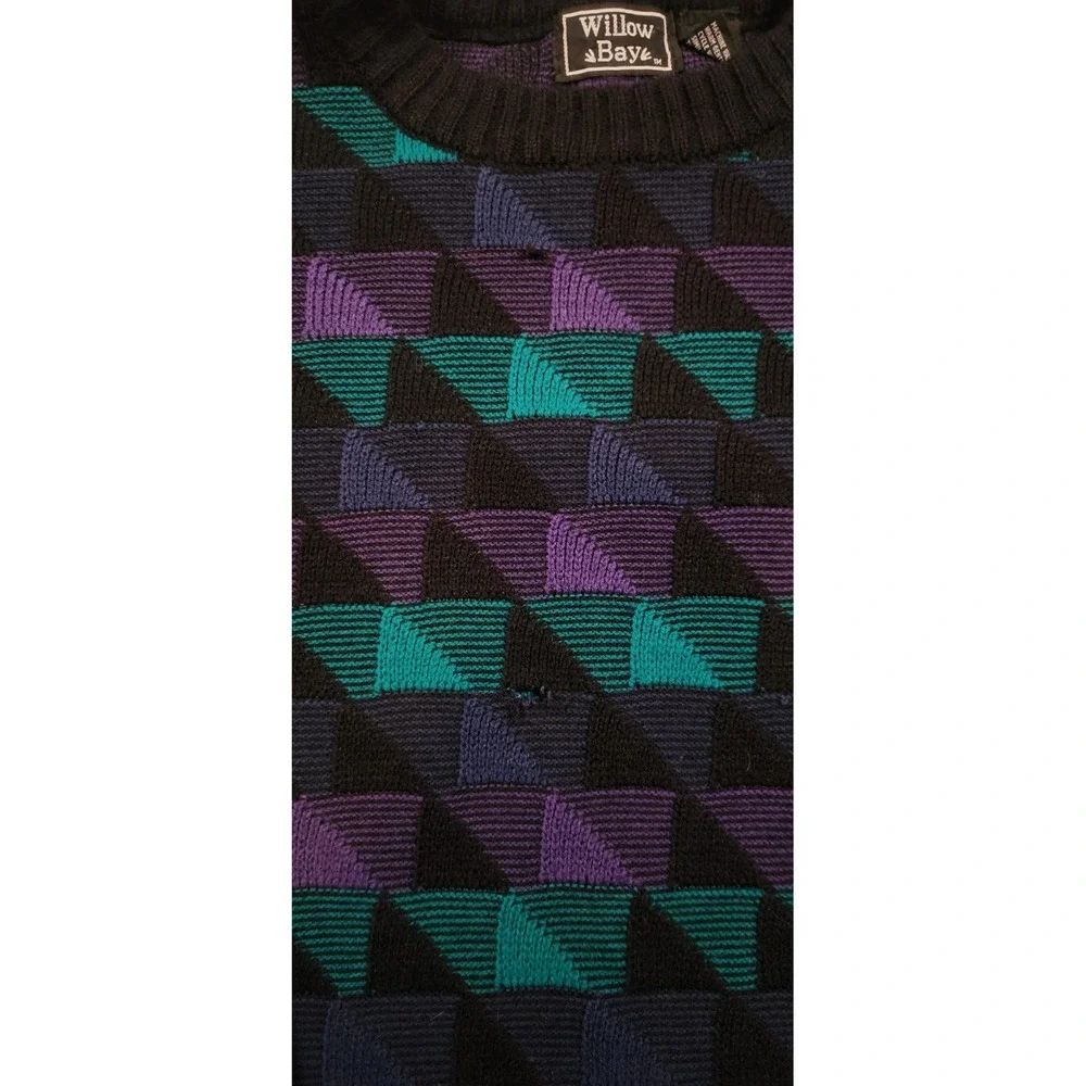 Vintage Willow Bay Geometric Knit Sweater 80s 90s Purple Teal Tag XL Fits M/L